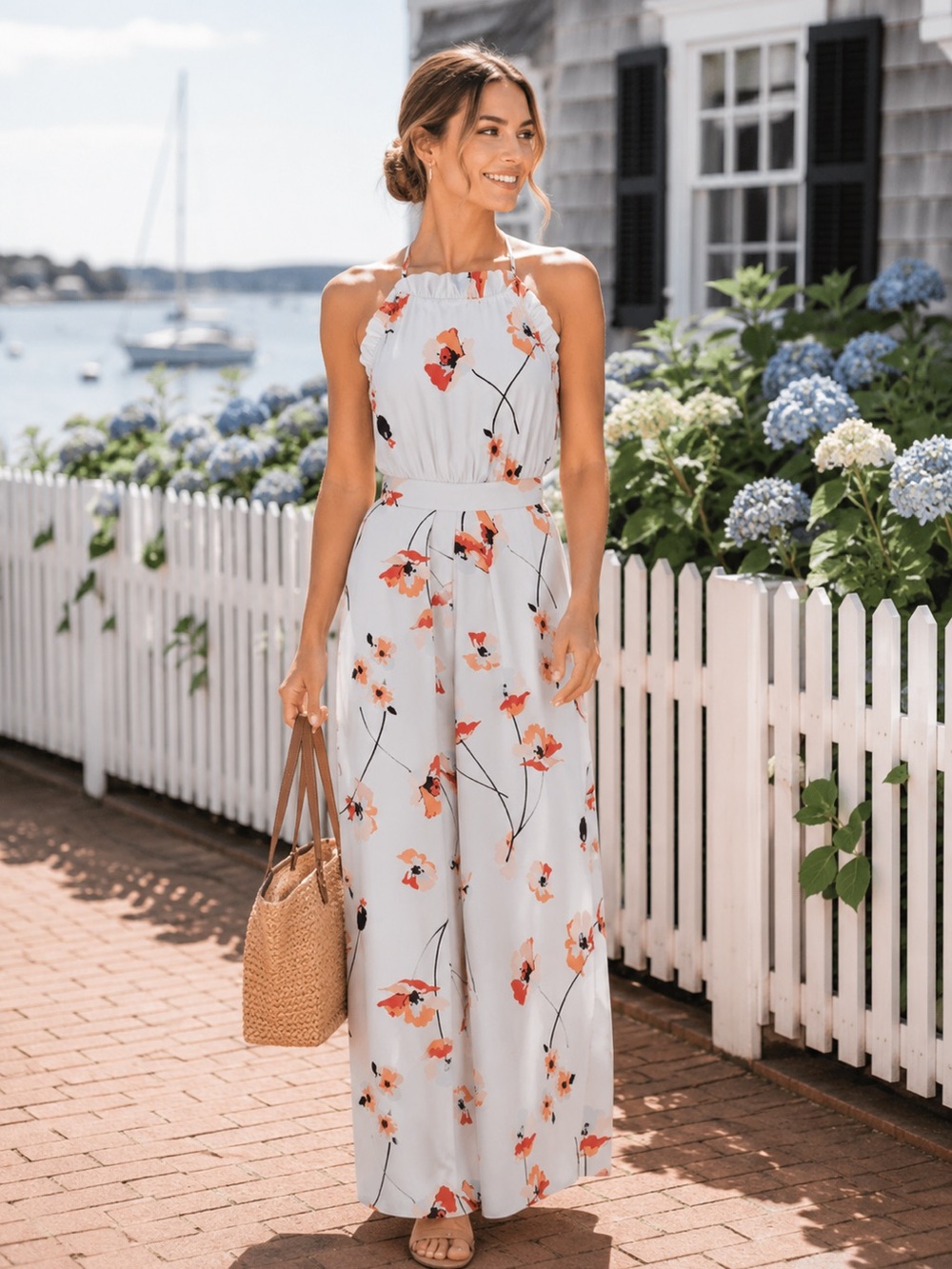 Anthropologie‎ Paper Crown Ruffle Poppy White Water Floral Jumpsuit sz Small